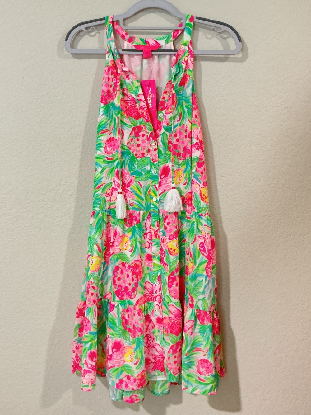 Lilly Pulitzer Pink & Green Floral Halter Dress with Tassels